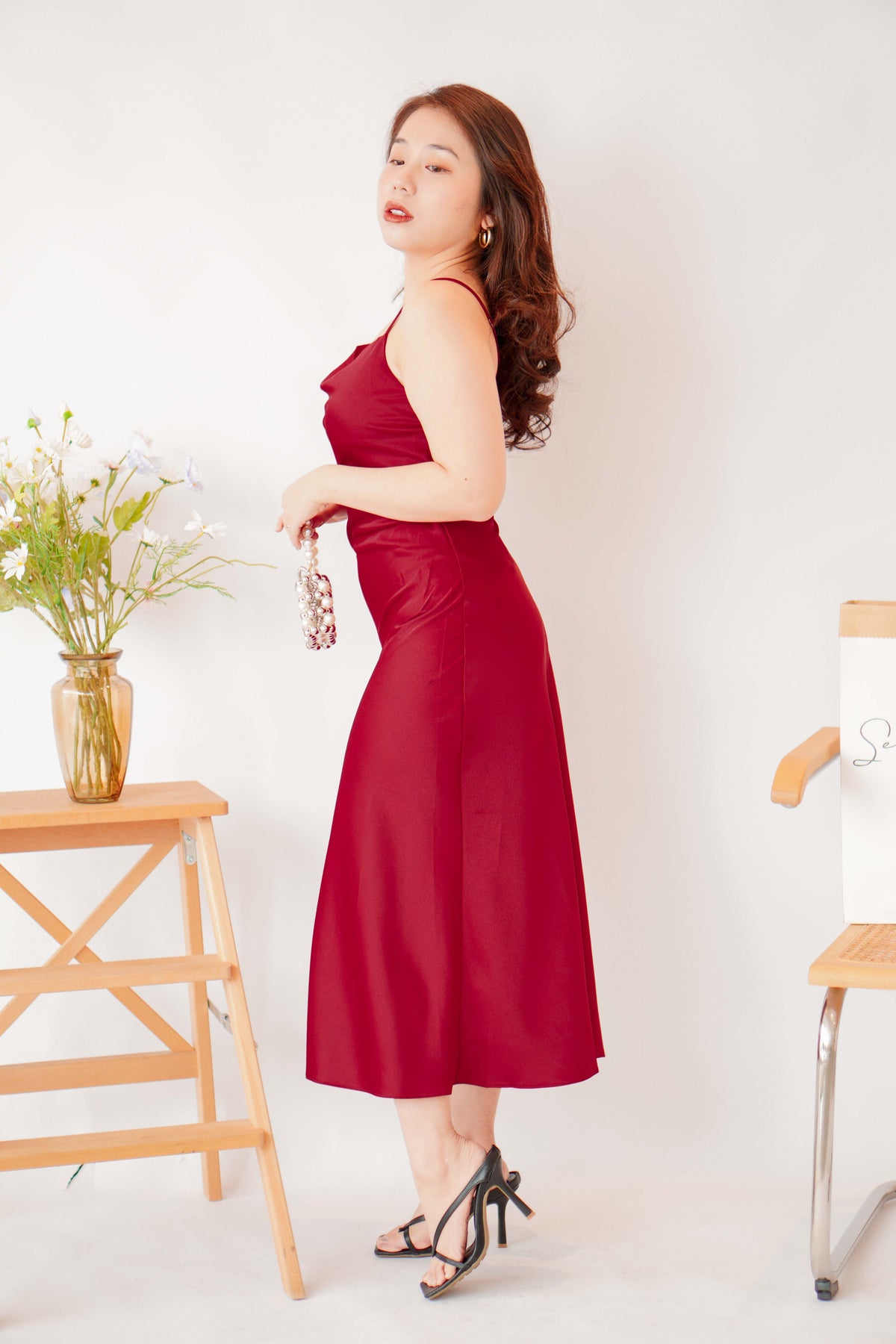 Scarlette Cowl Neck Satin Slip Dress in Red