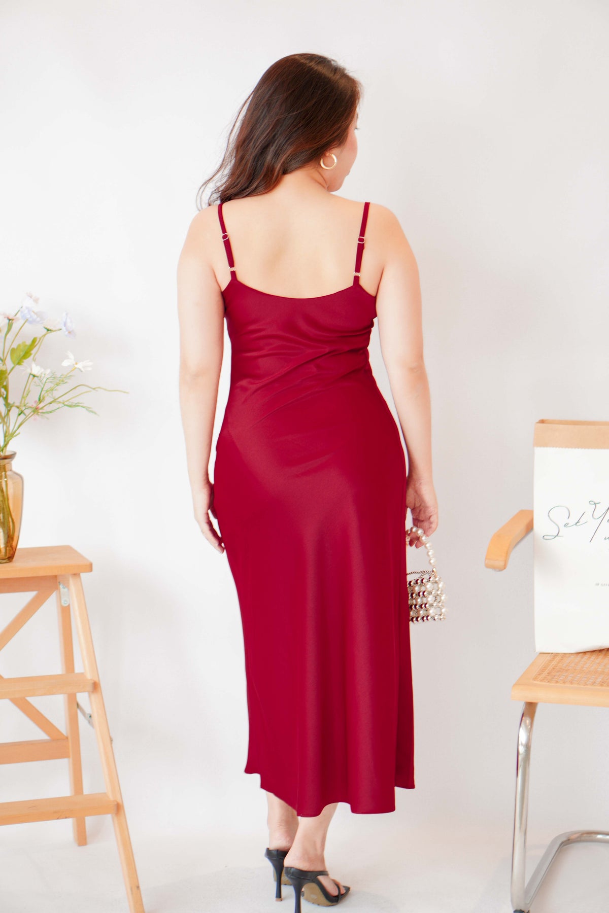 Scarlette Cowl Neck Satin Slip Dress in Red