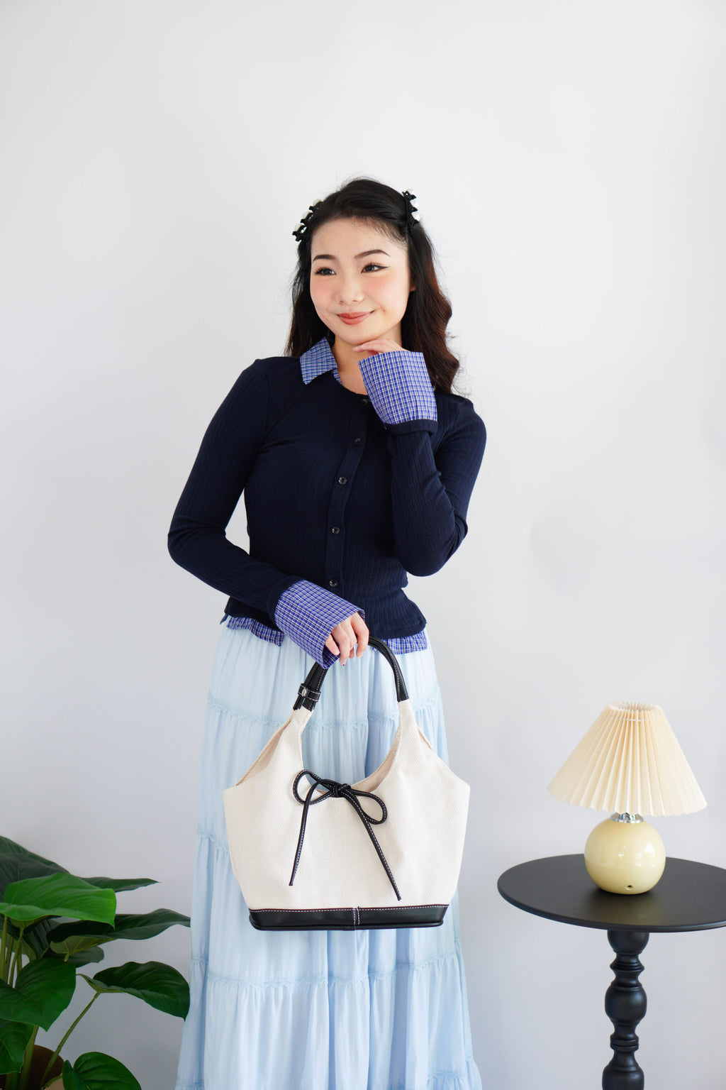 Cara Faux Collar Knit Top in Dark Blue