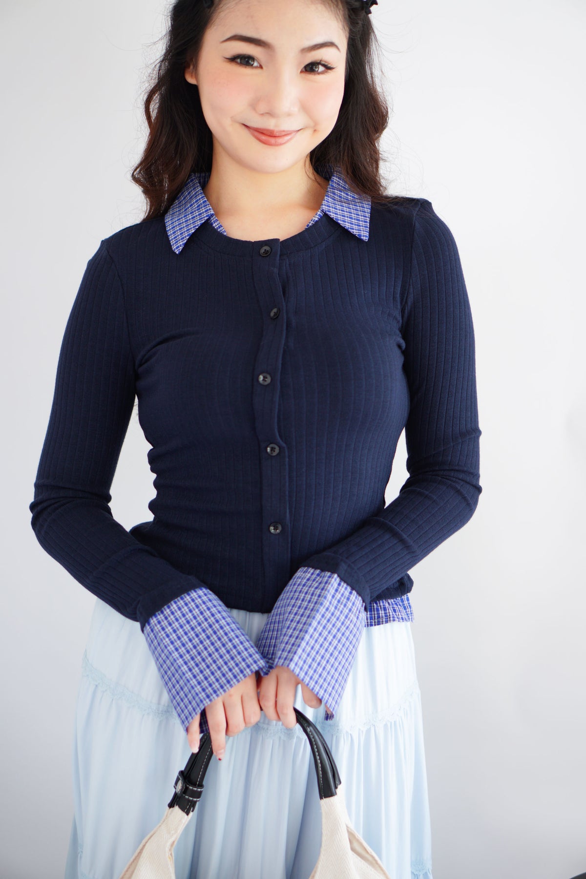 Cara Faux Collar Knit Top in Dark Blue