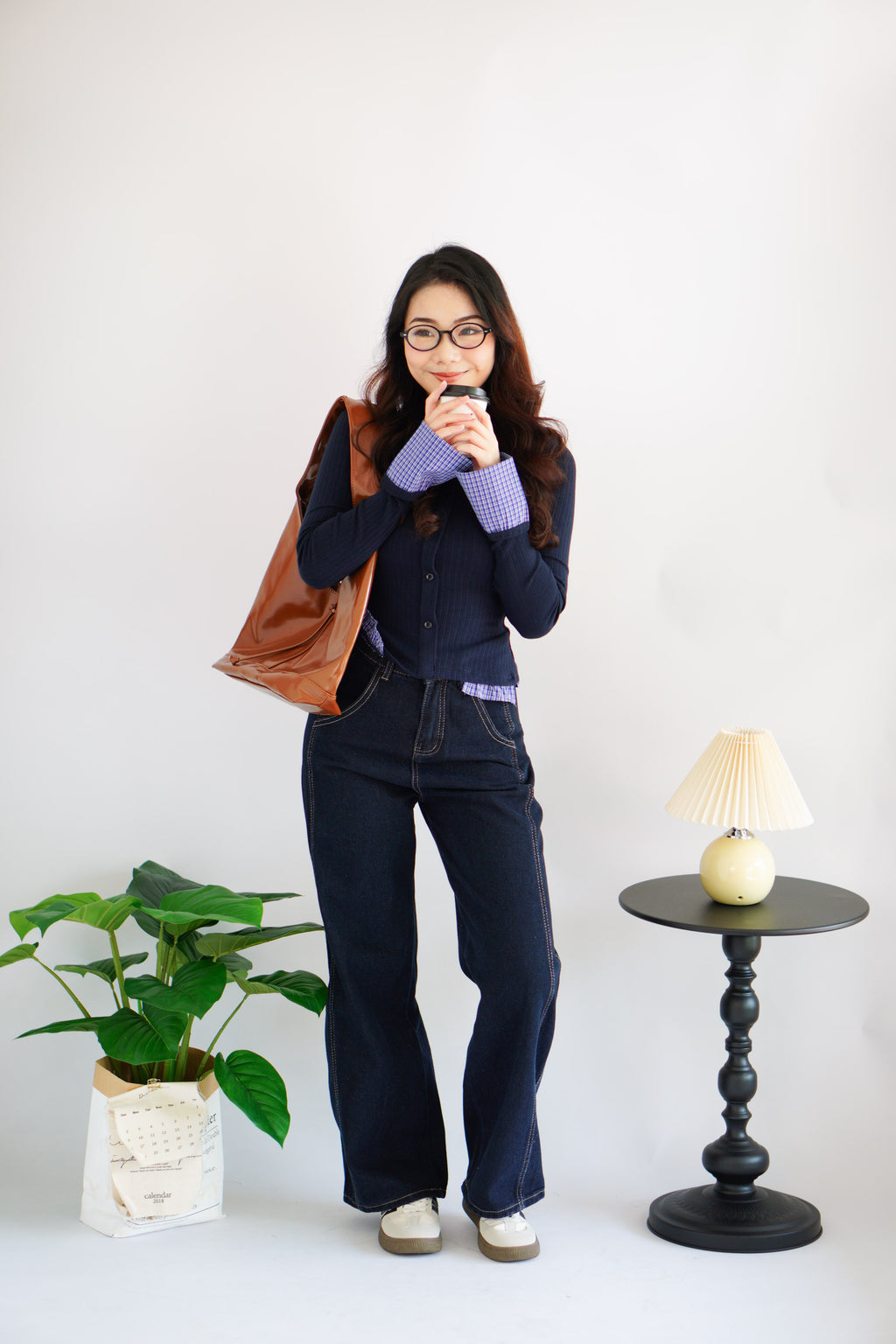 Cara Faux Collar Knit Top in Dark Blue