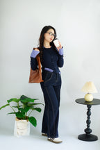 Cara Faux Collar Knit Top in Dark Blue