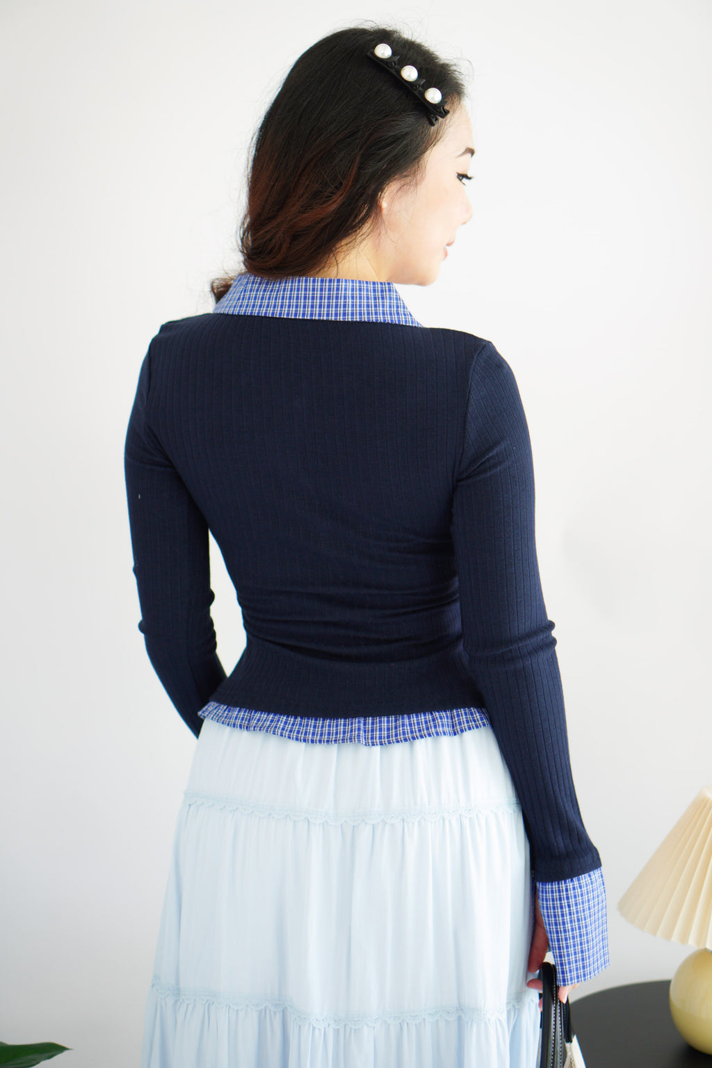 Cara Faux Collar Knit Top in Dark Blue
