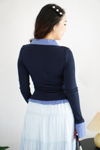 Cara Faux Collar Knit Top in Dark Blue