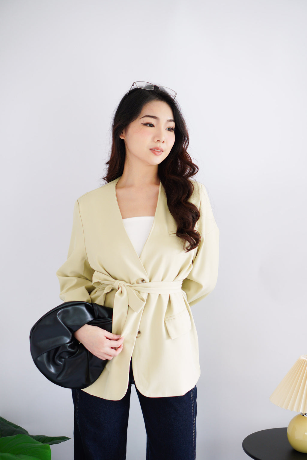 (BACKORDER) Keesha Sash Blazer in Light Yellow Khaki
