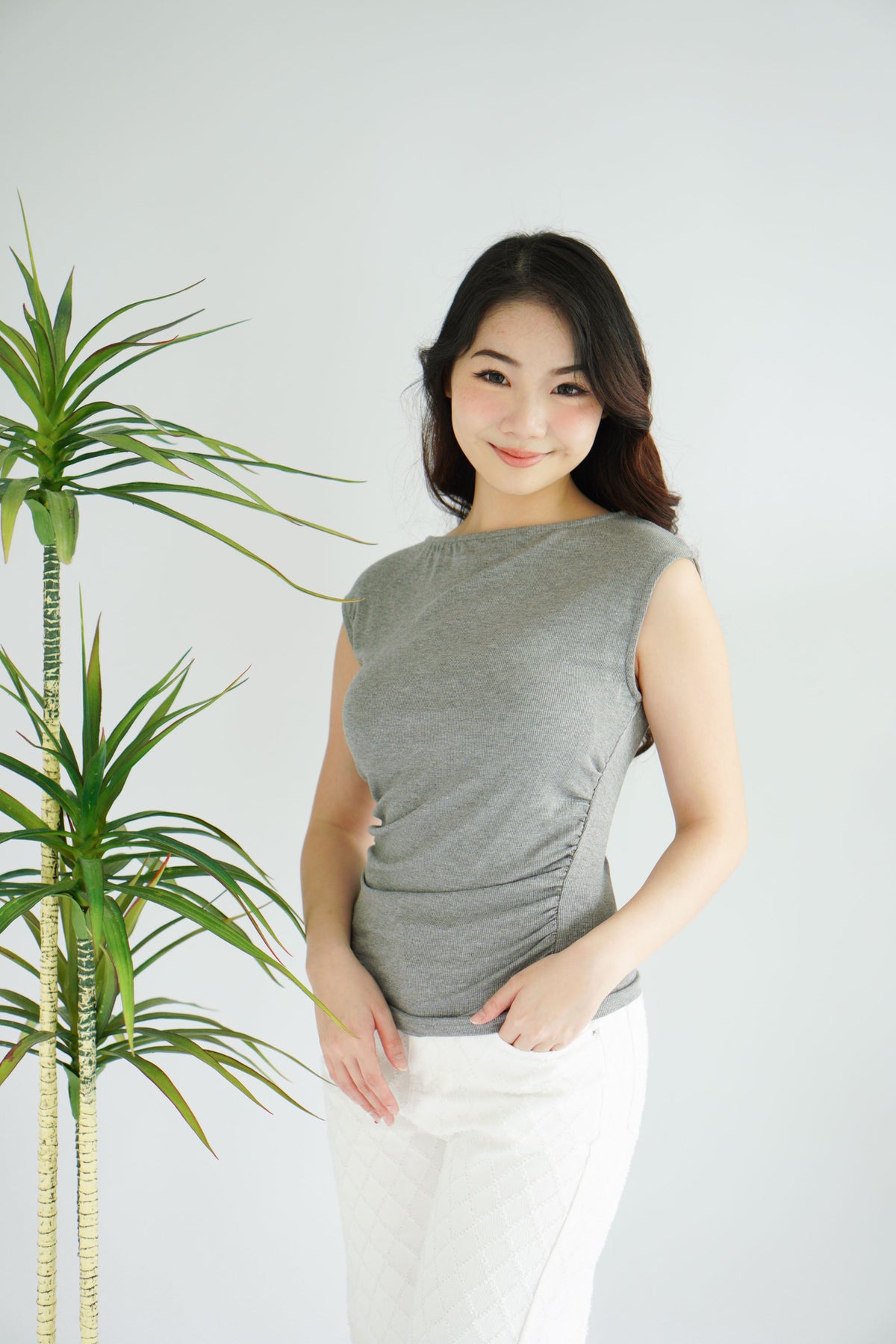 (BACKORDER) Charlie Basic High Neck Ruched Top in Grey