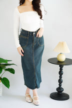Dara Midi Denim Skirt in Dark Blue
