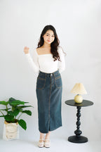 Dara Midi Denim Skirt in Dark Blue