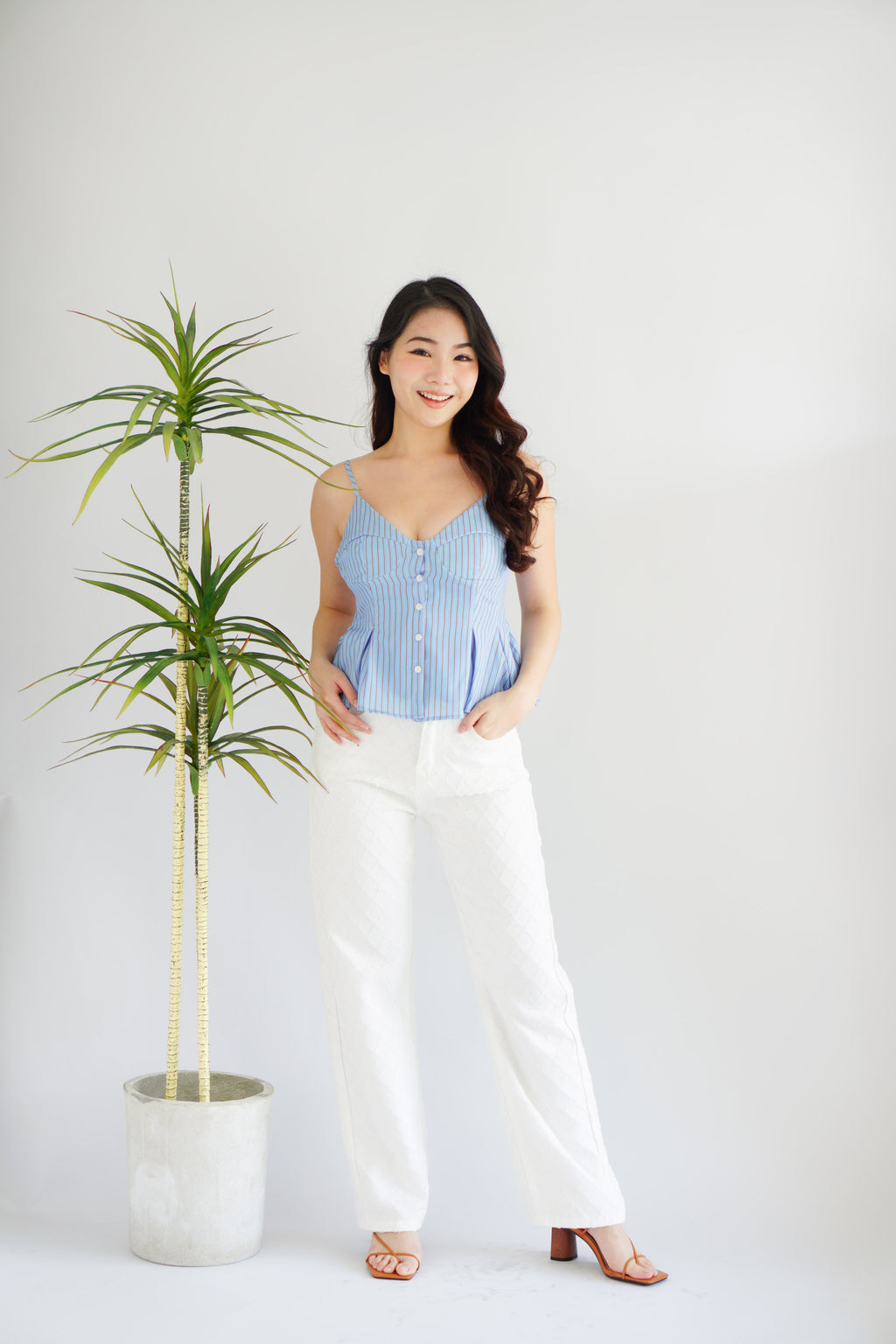 Olia Peplum Pleated Top in Blue Stripes