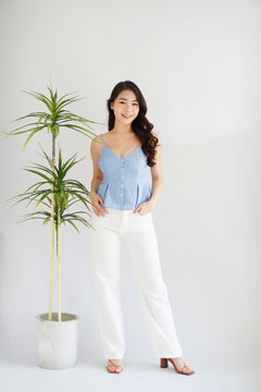 Olia Peplum Pleated Top in Blue Stripes