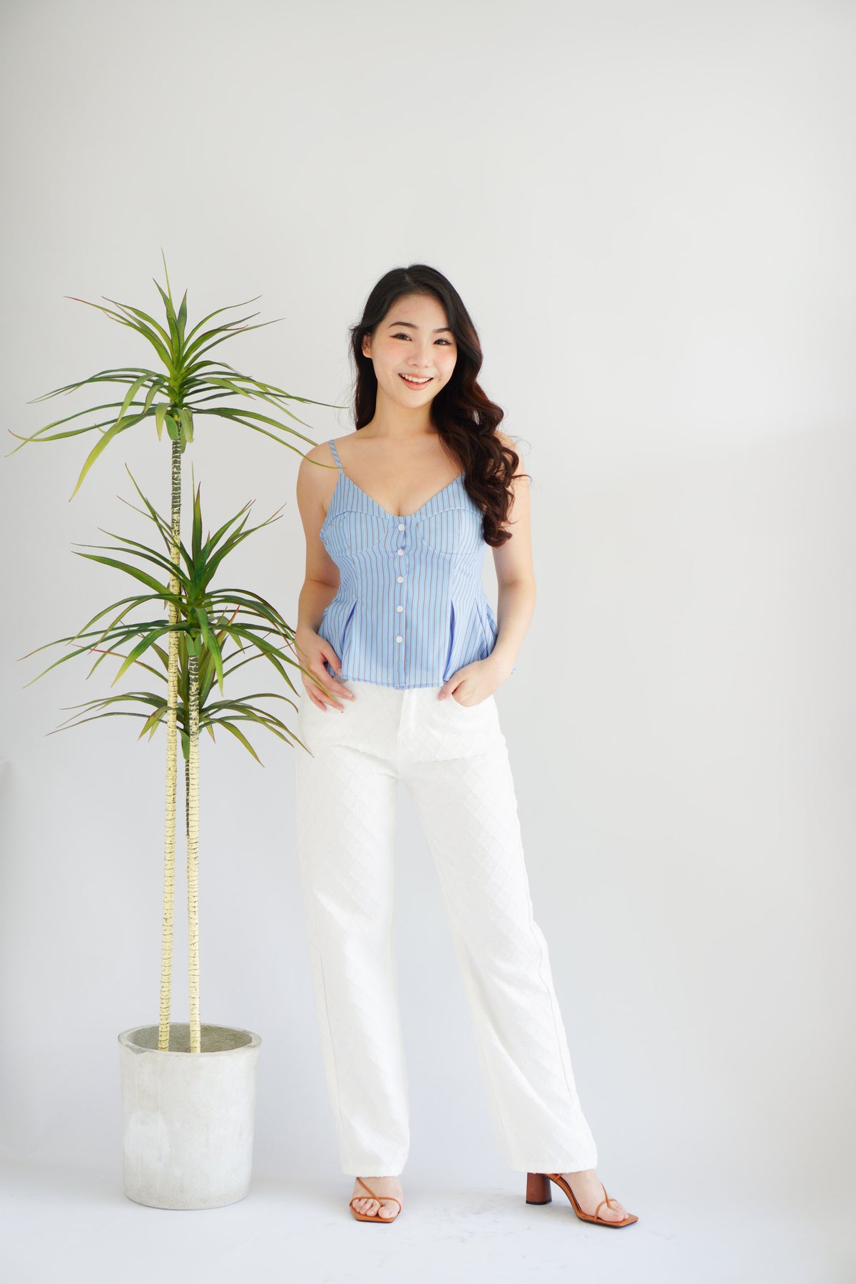 Olia Peplum Pleated Top in Blue Stripes