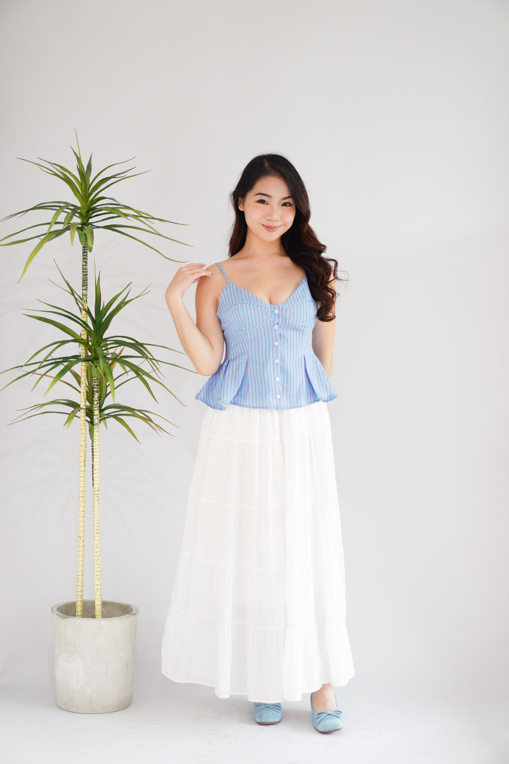 Olia Peplum Pleated Top in Blue Stripes