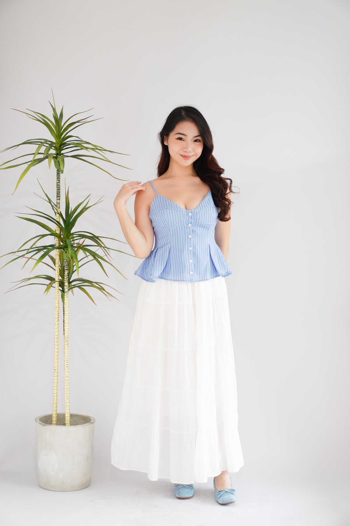 Olia Peplum Pleated Top in Blue Stripes