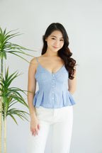 Olia Peplum Pleated Top in Blue Stripes