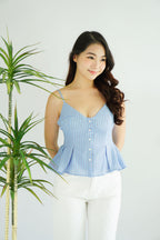 Olia Peplum Pleated Top in Blue Stripes