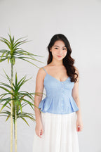 Olia Peplum Pleated Top in Blue Stripes