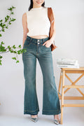 Laika Bell Bottom Double Button Denim Jeans in Blue