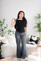 Laika Bell Bottom Double Button Denim Jeans in Blue