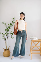 Laika Bell Bottom Double Button Denim Jeans in Blue