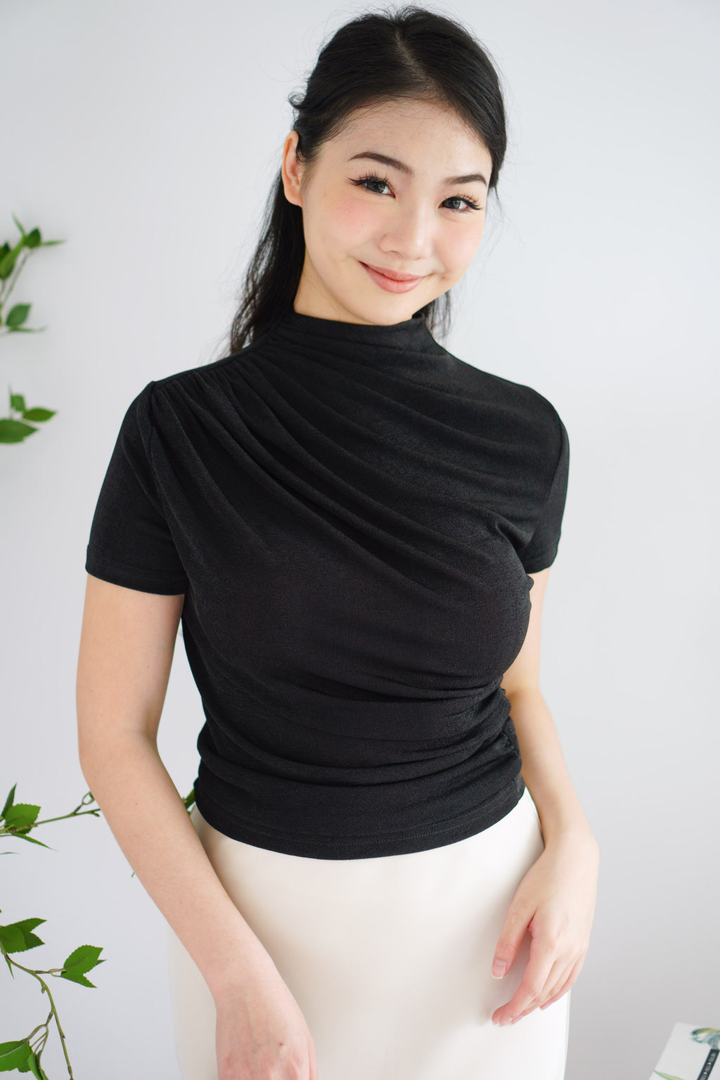 Alani Ruched High Neck Top in Black