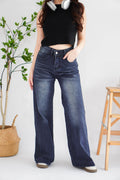 Xim Wide Legged Fade Wash Denim Jeans in Dark Blue