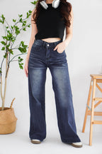 Xim Wide Legged Fade Wash Denim Jeans in Dark Blue
