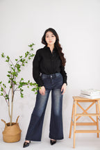 Xim Wide Legged Fade Wash Denim Jeans in Dark Blue