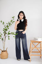 Xim Wide Legged Fade Wash Denim Jeans in Dark Blue