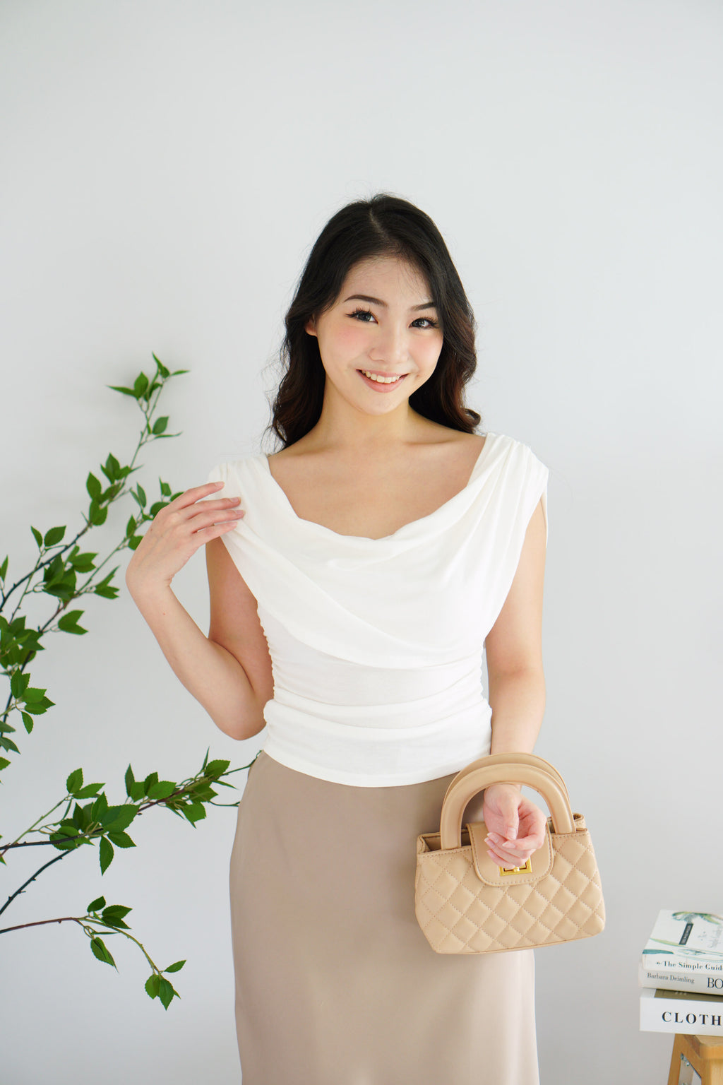 Rovi Cowl Neck Ruched Top in White