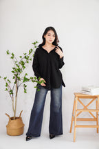 Island Resort Collar Button Down Linen Top in Black