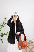 Island Resort Collar Button Down Linen Top in Black