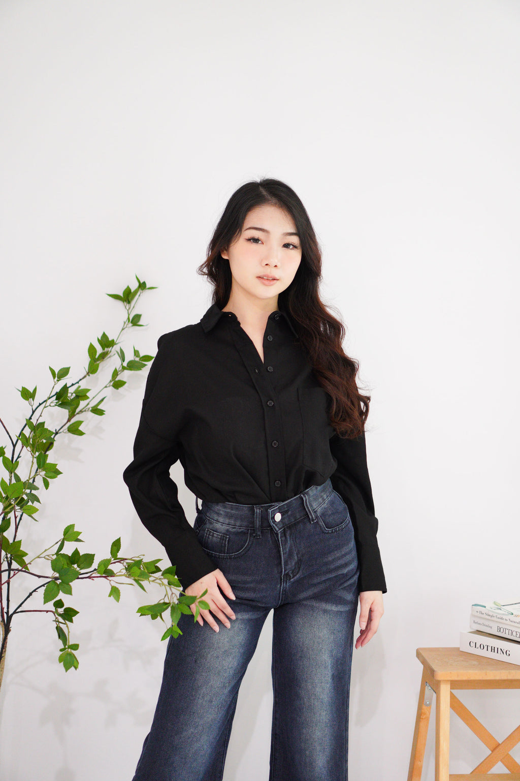 Island Resort Collar Button Down Linen Top in Black