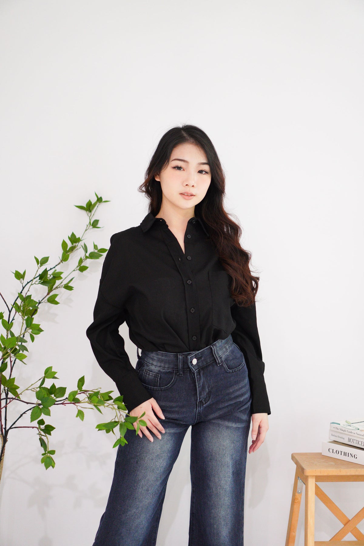 Island Resort Collar Button Down Linen Top in Black