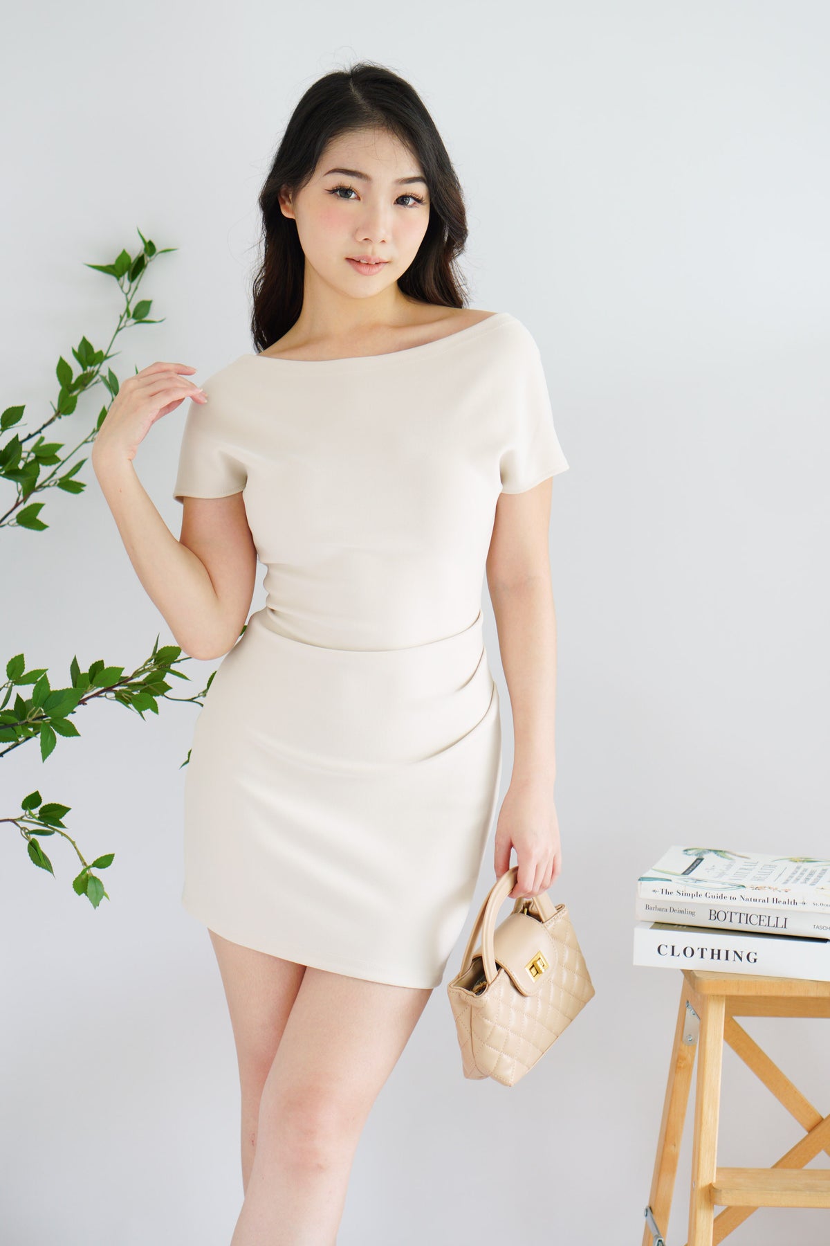 Eve Mini Bodycon Ruched Waist Dress in Beige