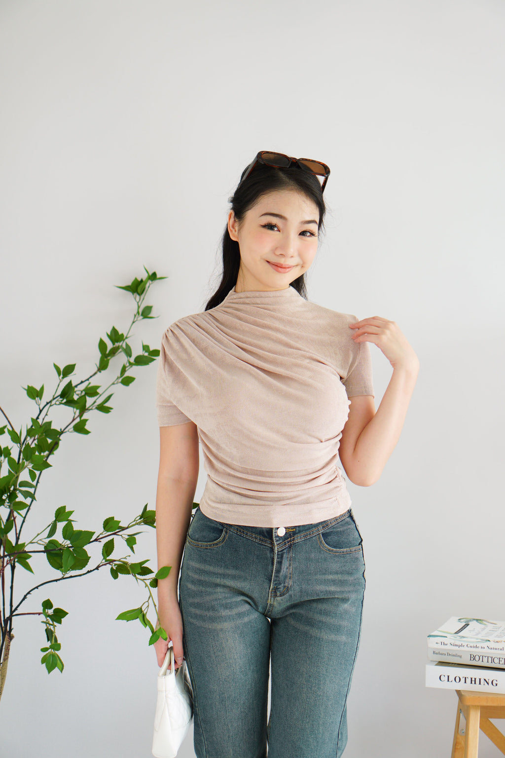 Alani Ruched High Neck Top in Khaki