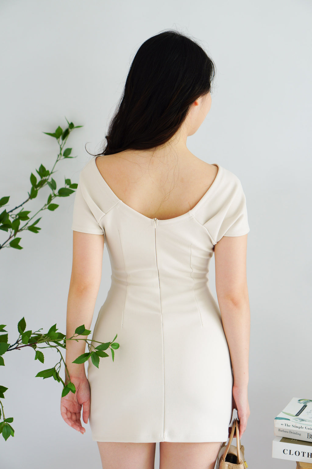 Eve Mini Bodycon Ruched Waist Dress in Beige