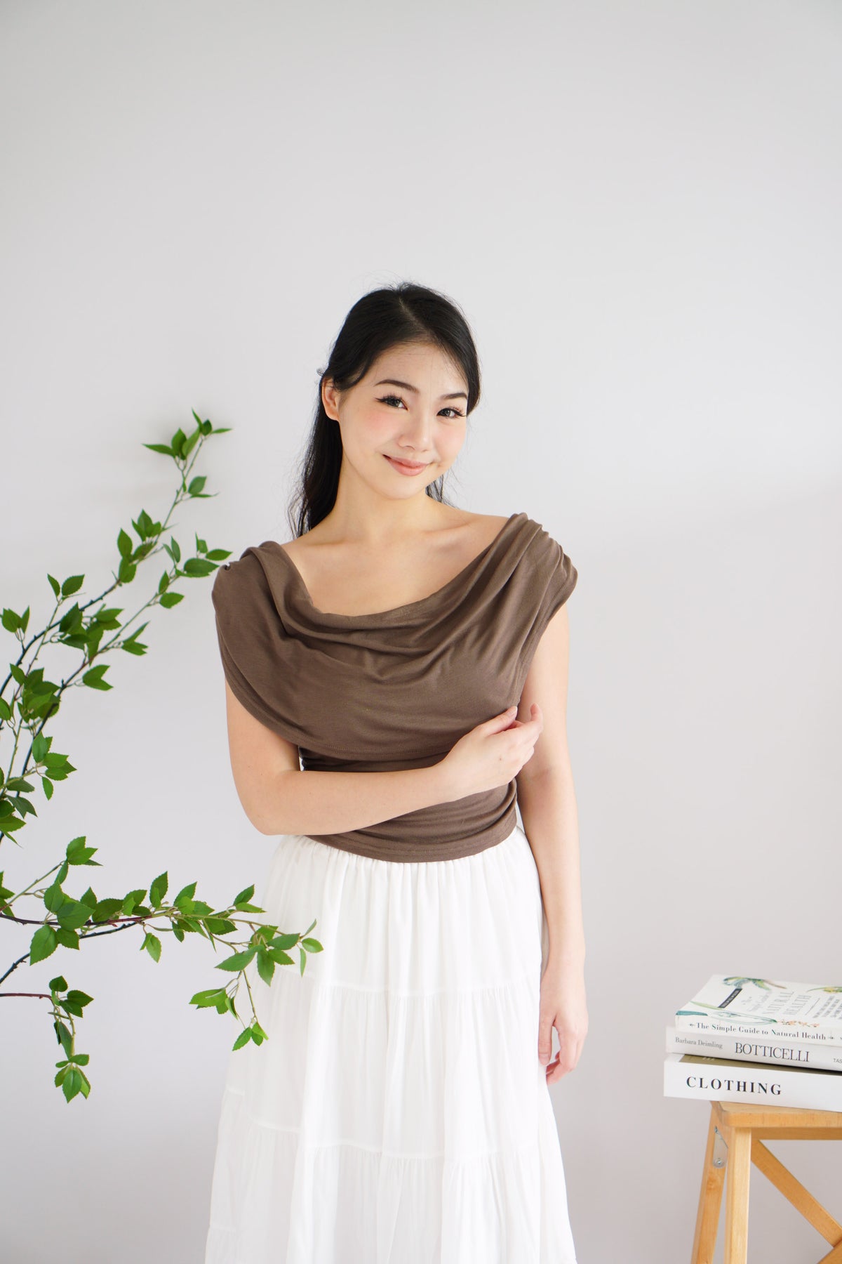 Rovi Cowl Neck Ruched Top in Khaki