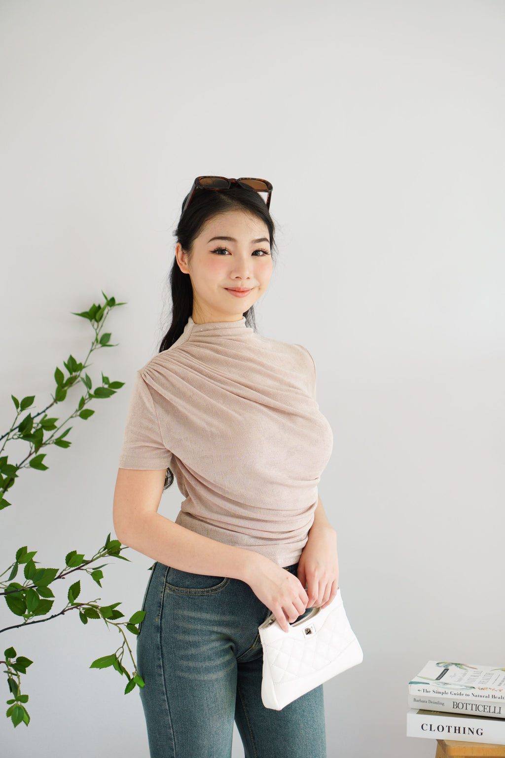 Alani Ruched High Neck Top in Khaki