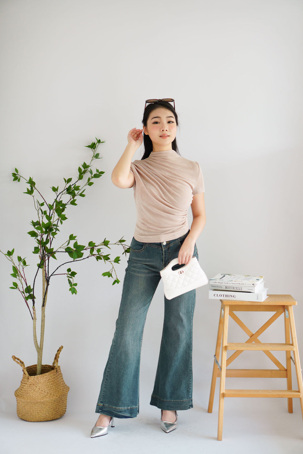 Alani Ruched High Neck Top in Khaki