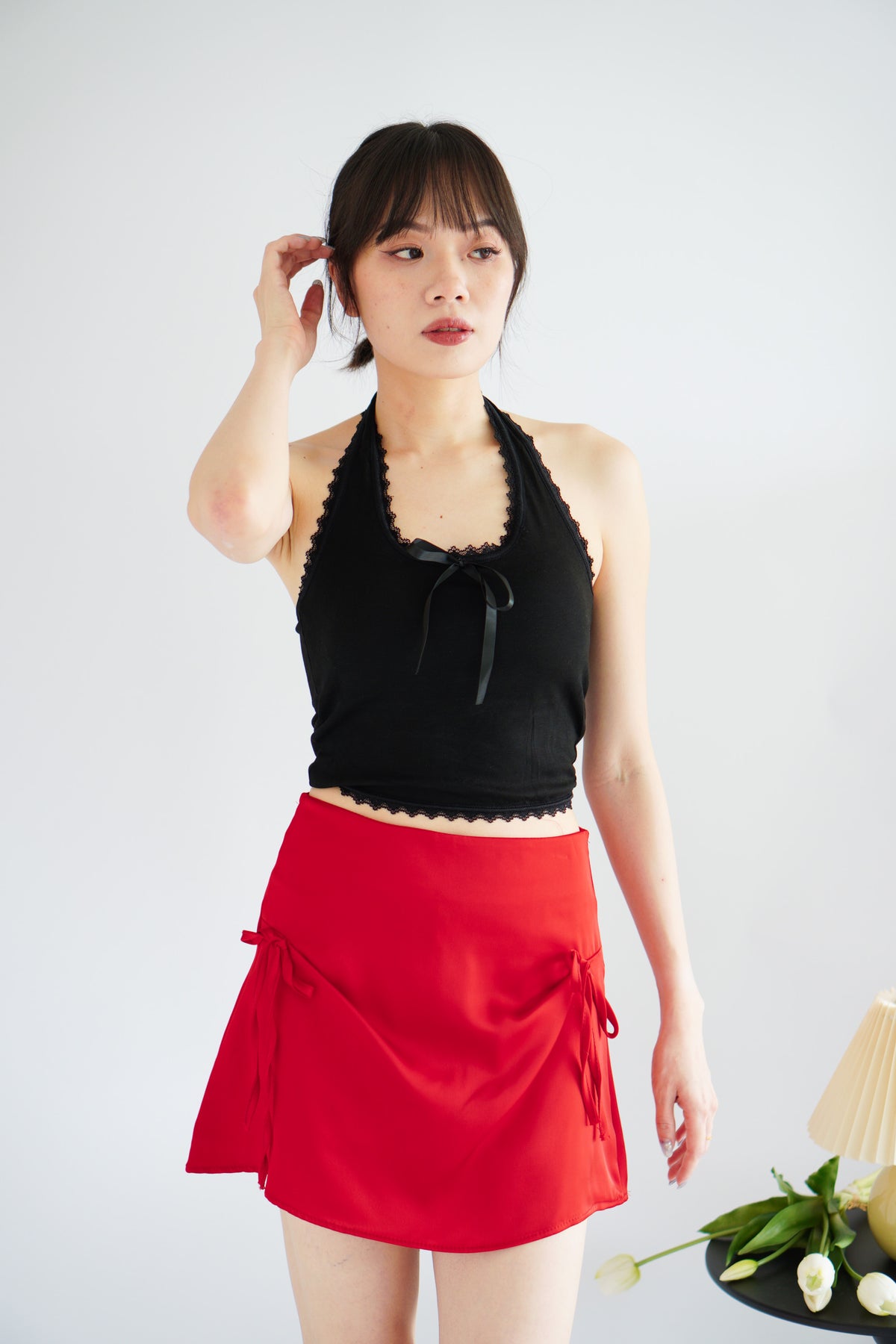 Bow & Heart Mini Skirt with Ribbon in Red