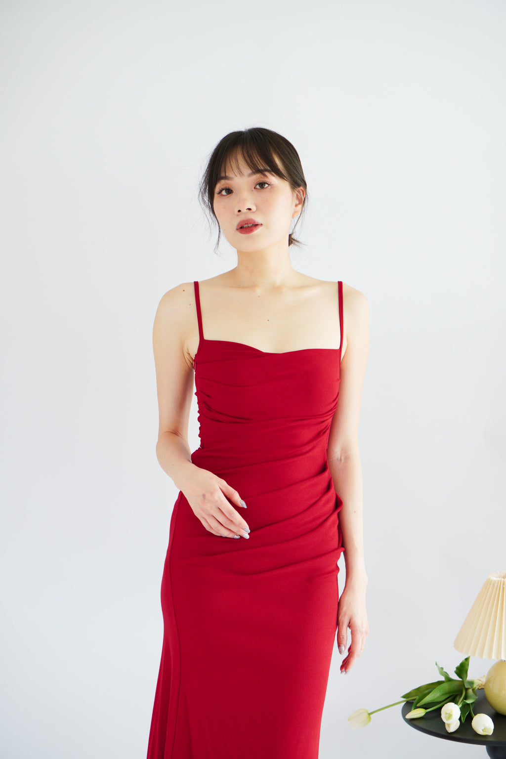 Melle Ruched Maxi Bodycon Fishtail Dress in Red