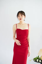 Melle Ruched Maxi Bodycon Fishtail Dress in Red