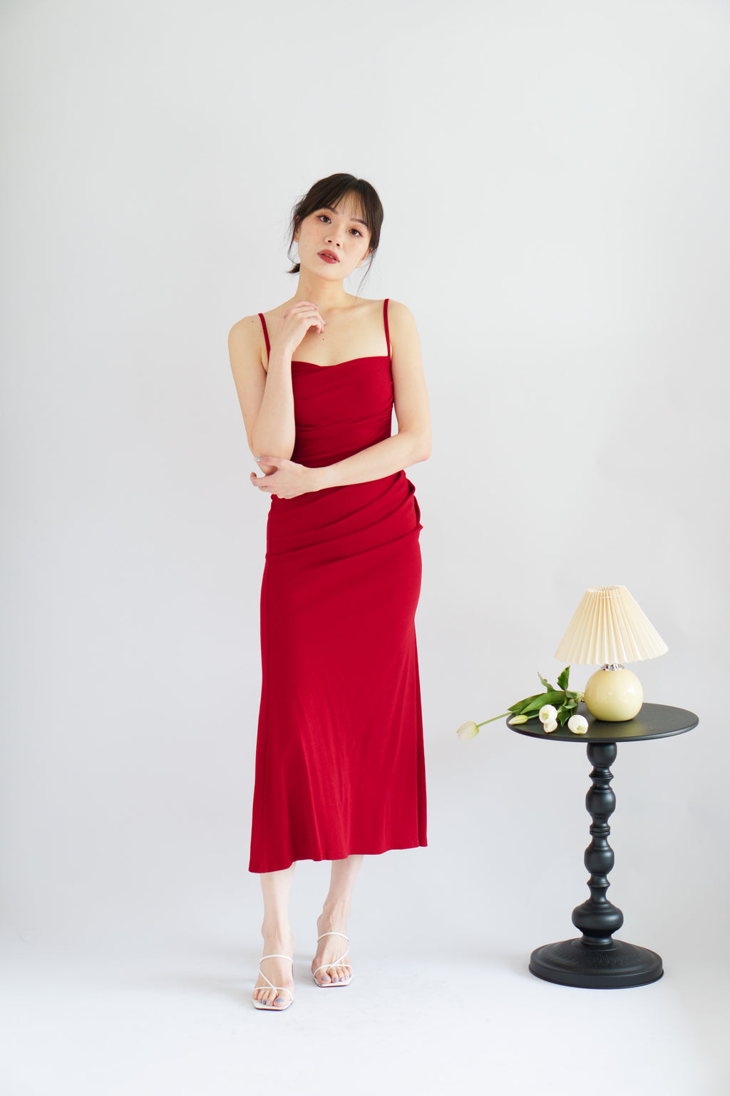 Melle Ruched Maxi Bodycon Fishtail Dress in Red