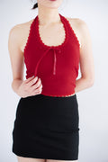 Dottie Padded Halter Lace Ribbon Top in Red
