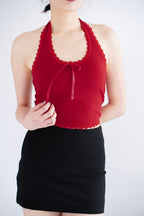 Dottie Padded Halter Lace Ribbon Top in Red