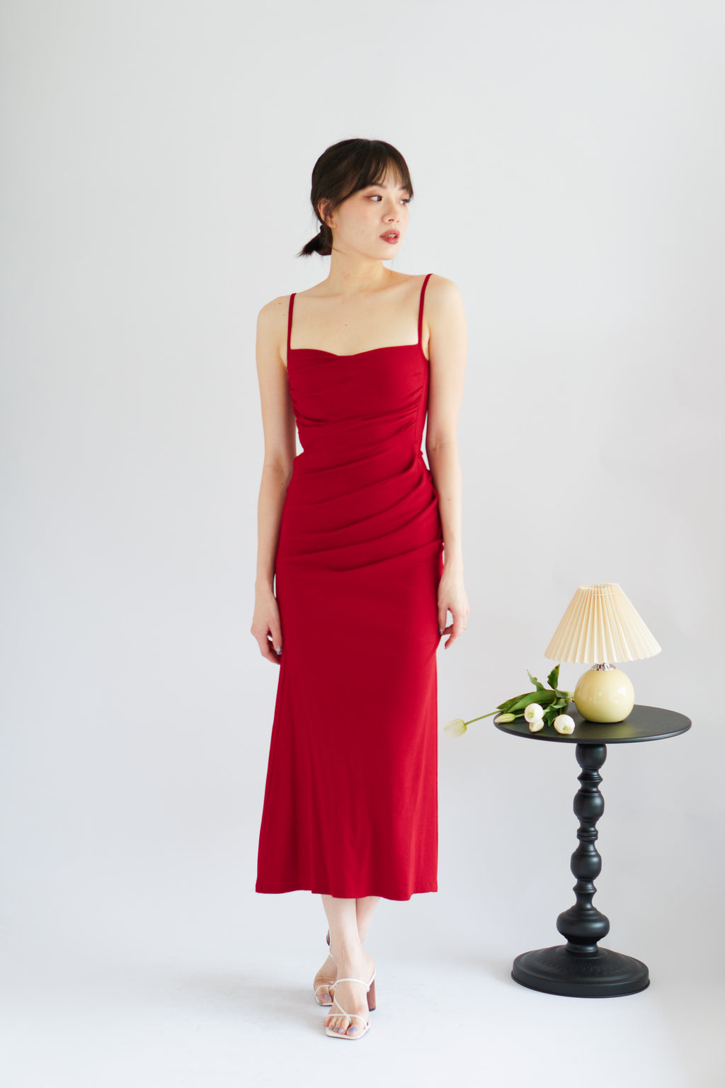 Melle Ruched Maxi Bodycon Fishtail Dress in Red