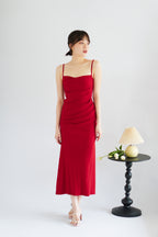Melle Ruched Maxi Bodycon Fishtail Dress in Red