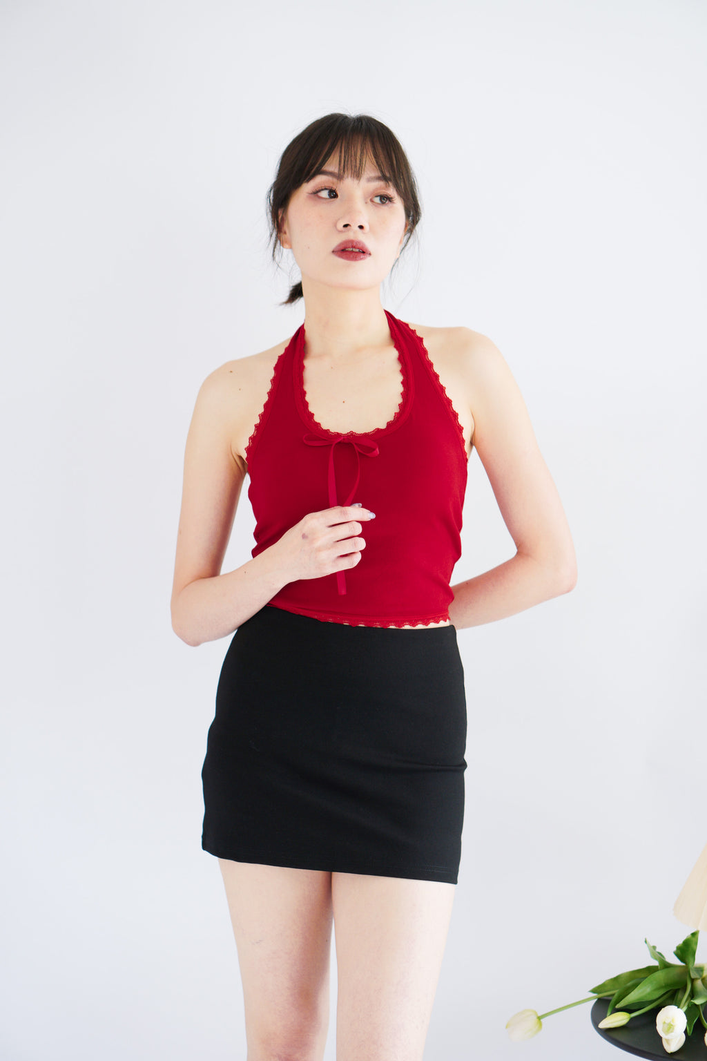 Dottie Padded Halter Lace Ribbon Top in Red