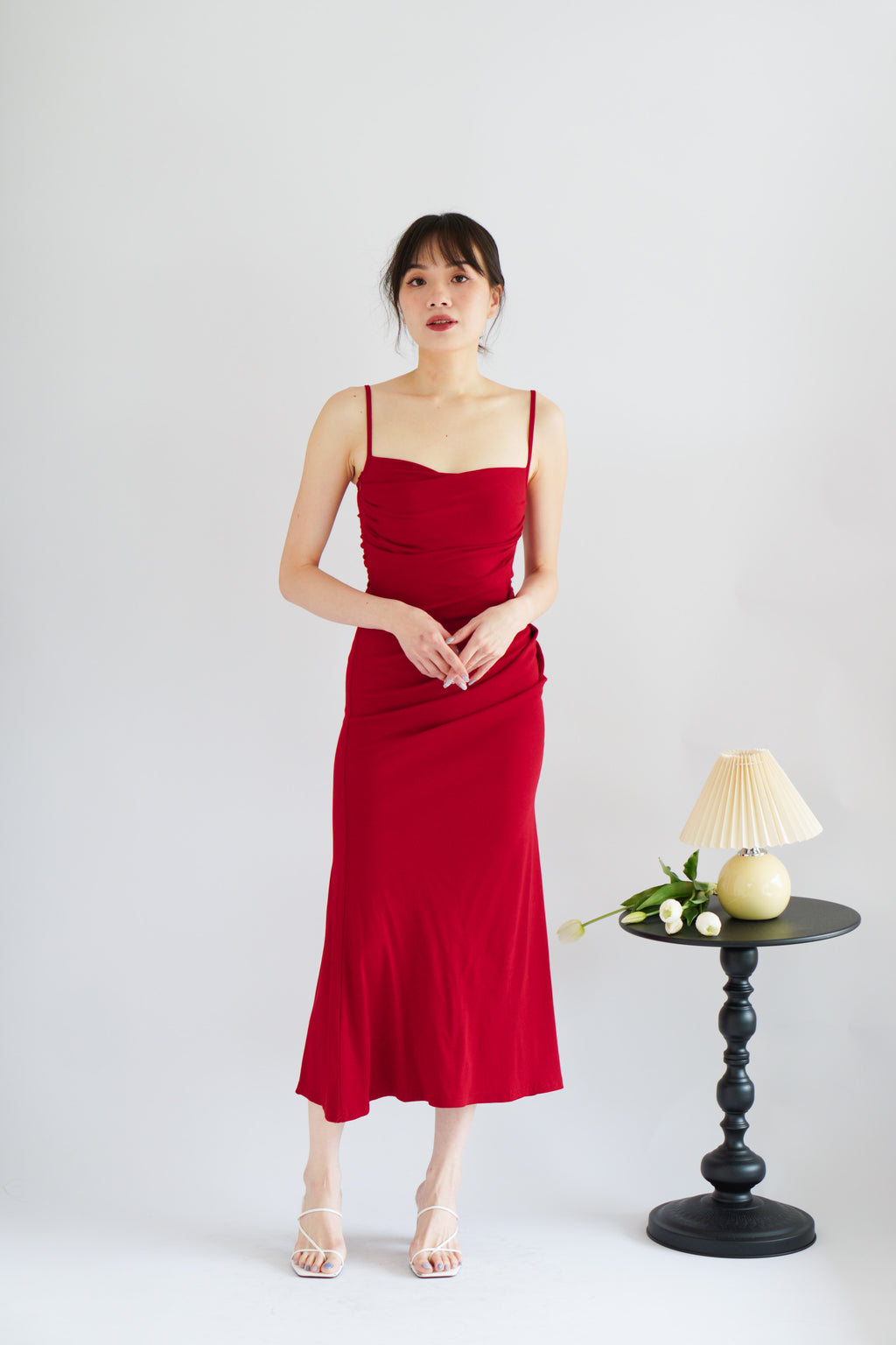 Melle Ruched Maxi Bodycon Fishtail Dress in Red