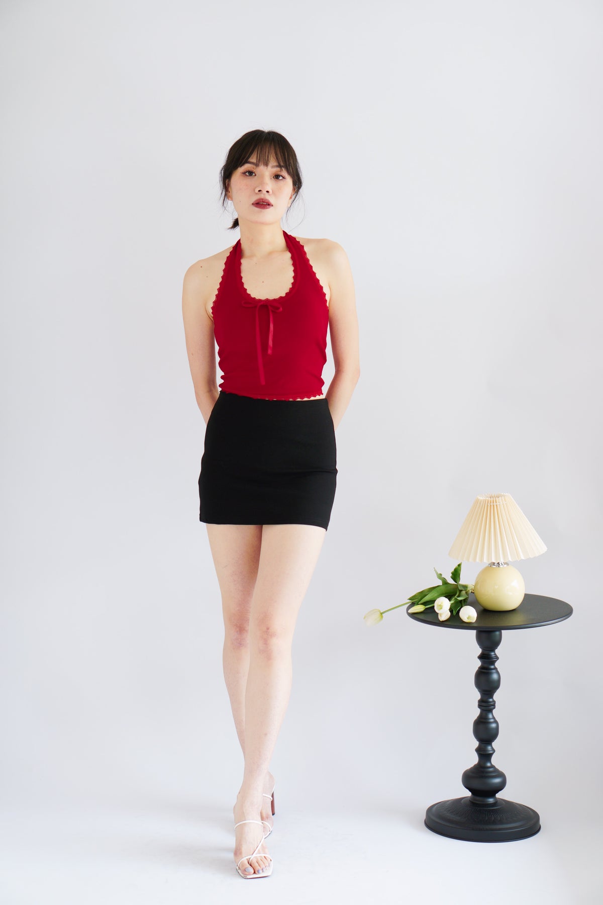 Dottie Padded Halter Lace Ribbon Top in Red